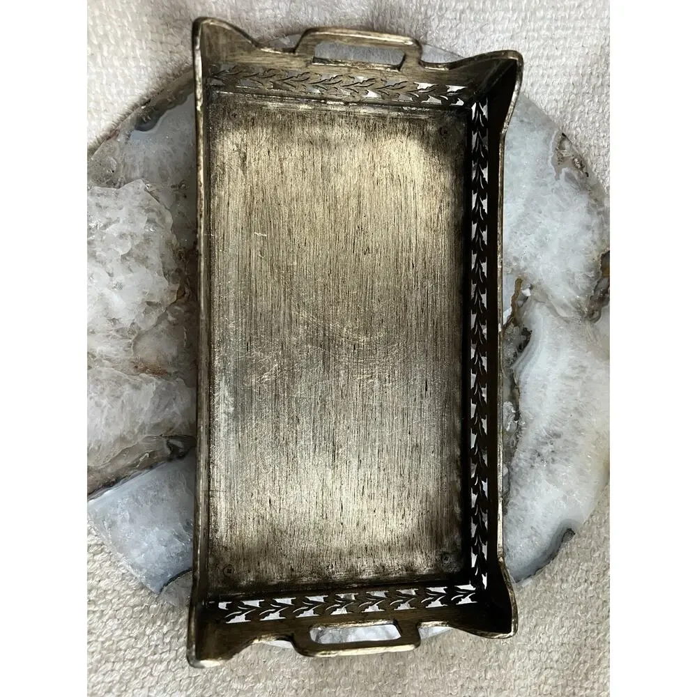 Vintage Antique Pewter Finish Decorative Vanity Serving Tray Pierced Gallery 9x5